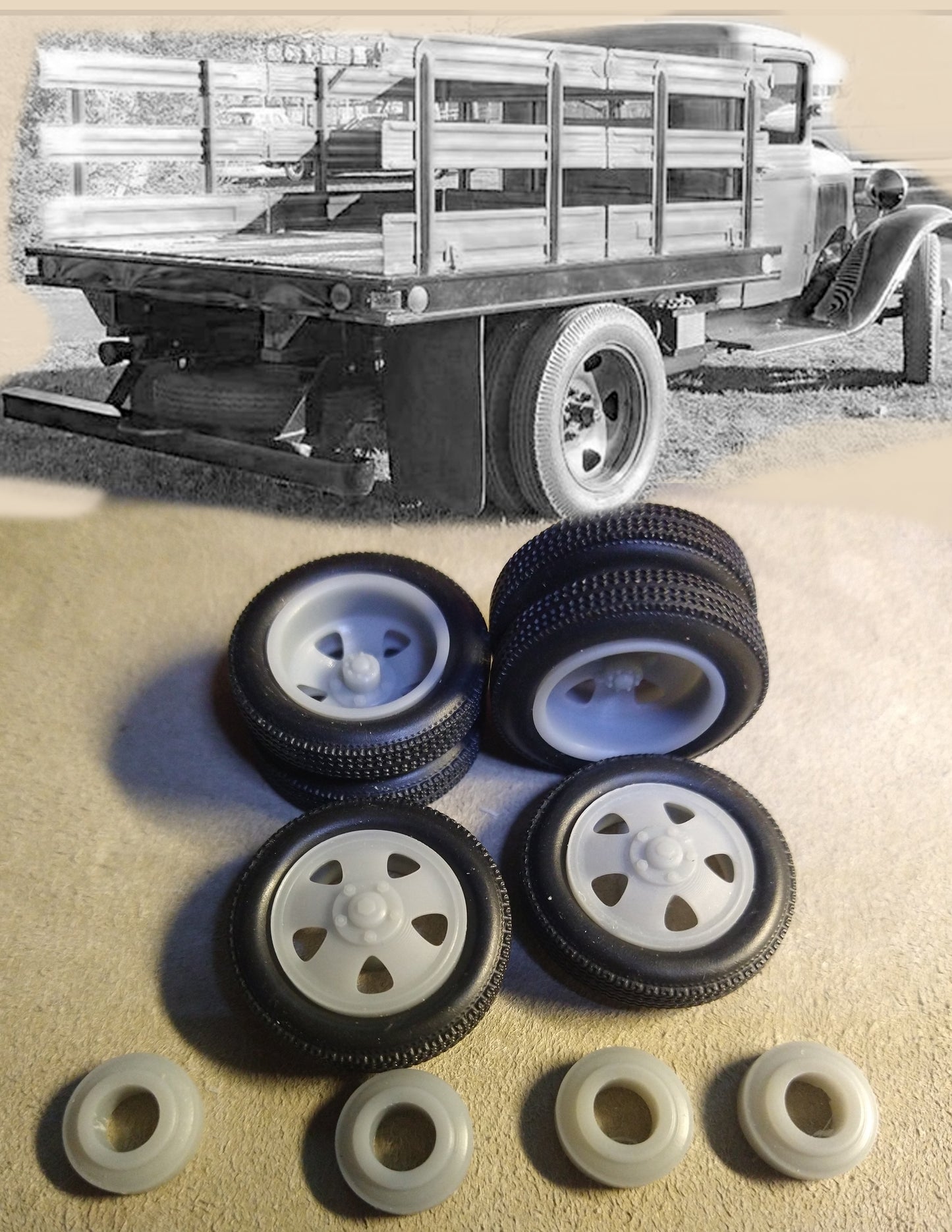 1/25 1930s STYLE DUALLY WHEELS, TIRES - 3D PRINTED! Stake Bed, Tow Truck